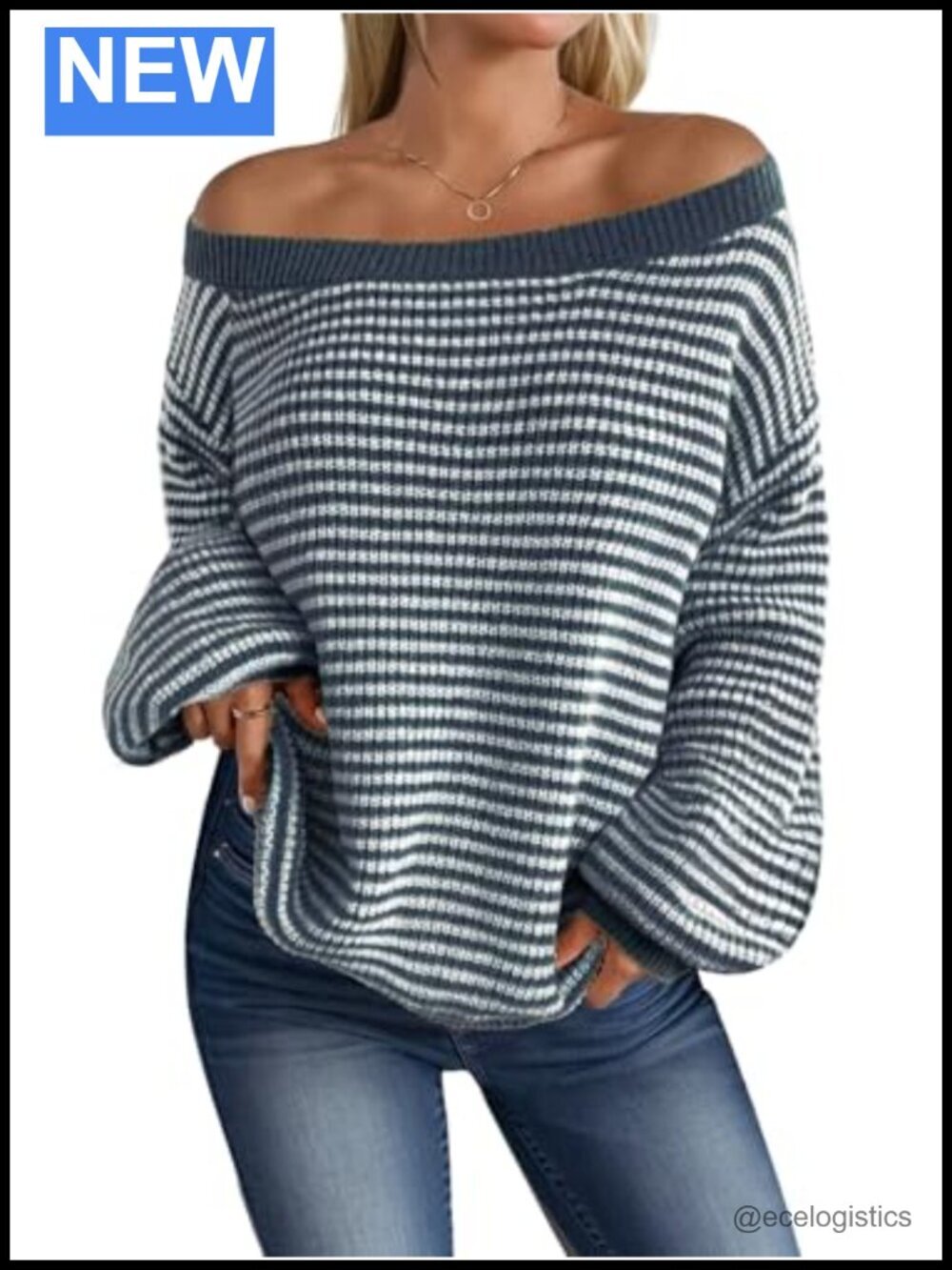 Women's Oversized Striped Knit Off Shoulder Pullover Sweater